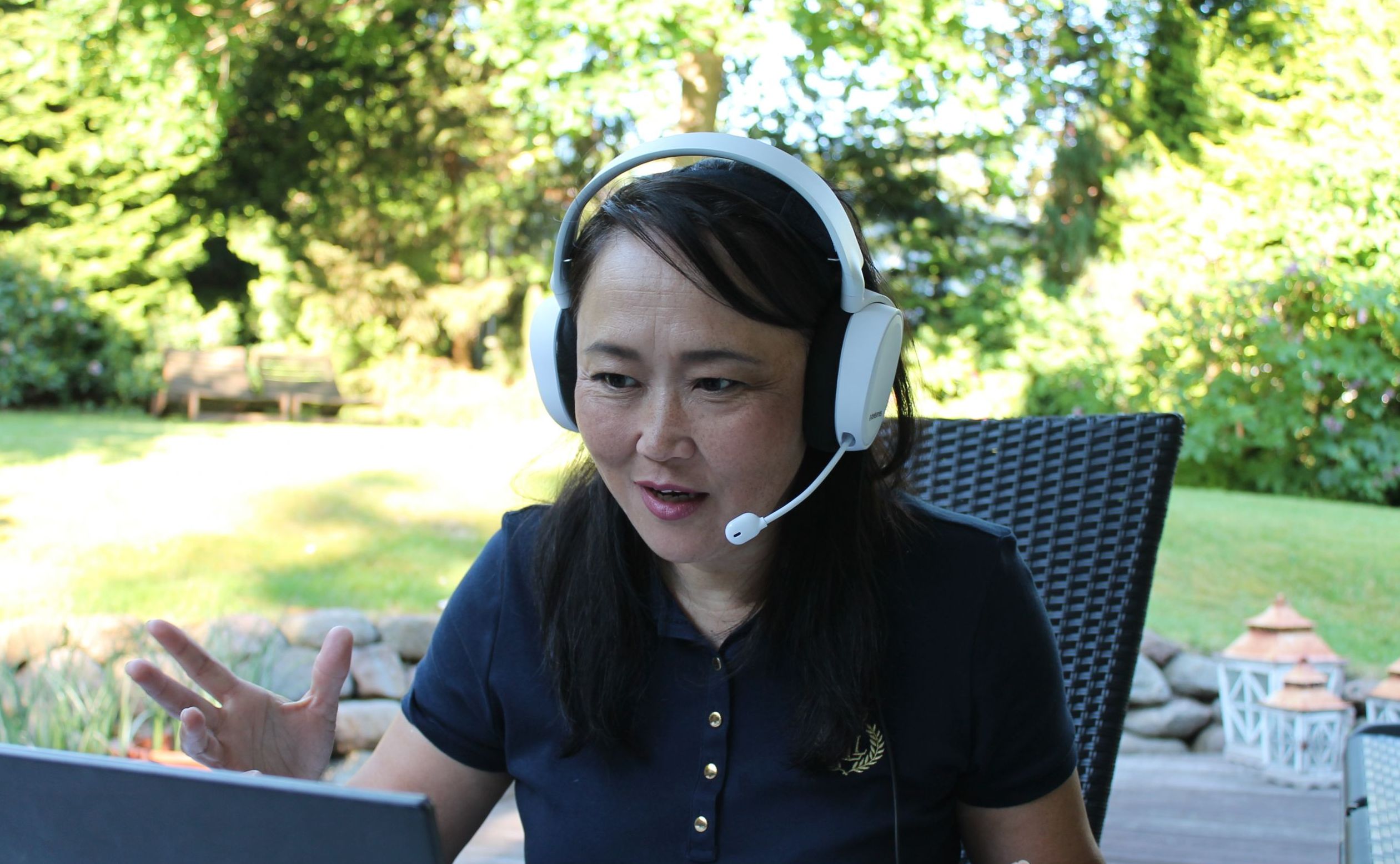 woman talking to computer