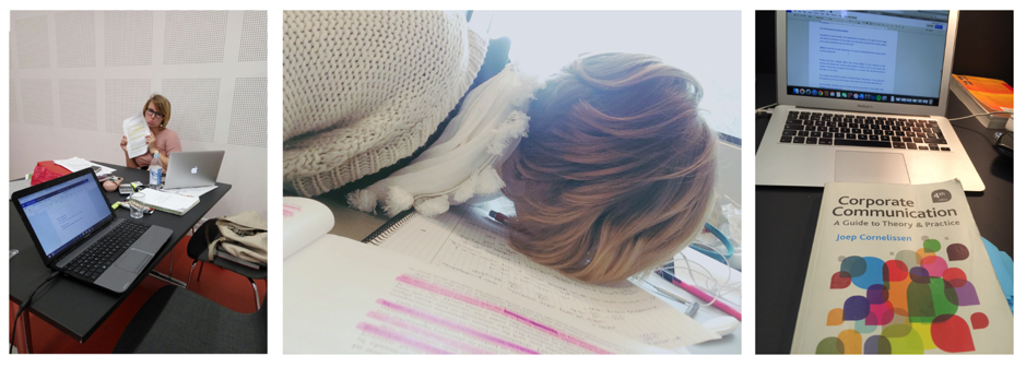 3 photos: student studying hard