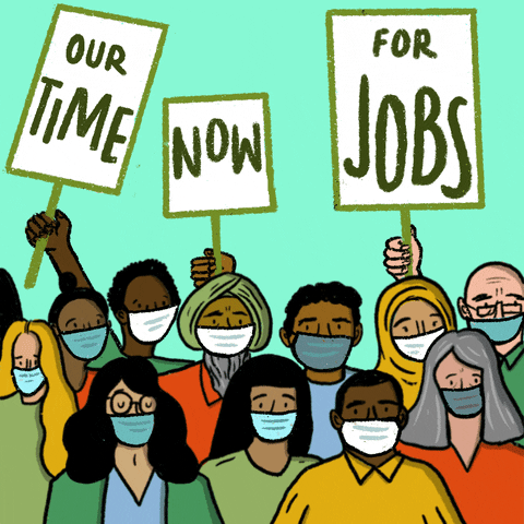 people wearing masks want jobs
