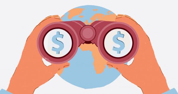 Illustration of binoculars seeing dollars